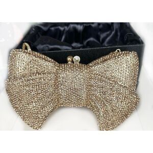 WHITE CHOCOLATE Gold Embellished Crystal Studded Bow Shaped Clutch Purse Luxury